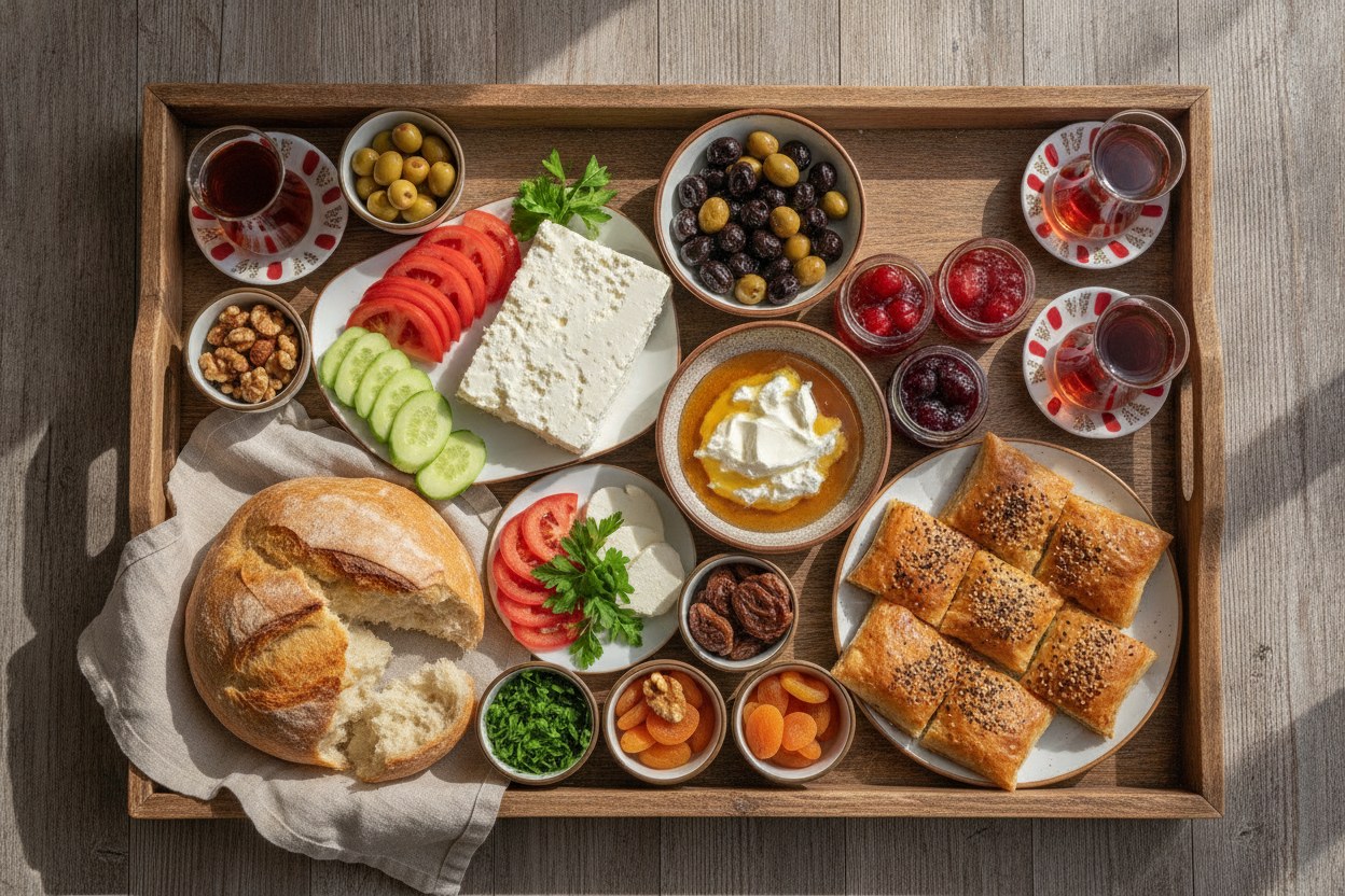 Ahşap tepside serpme kahvaltı kutusu: beyaz peynir, zeytin, domates, bal ve sıcak börek
